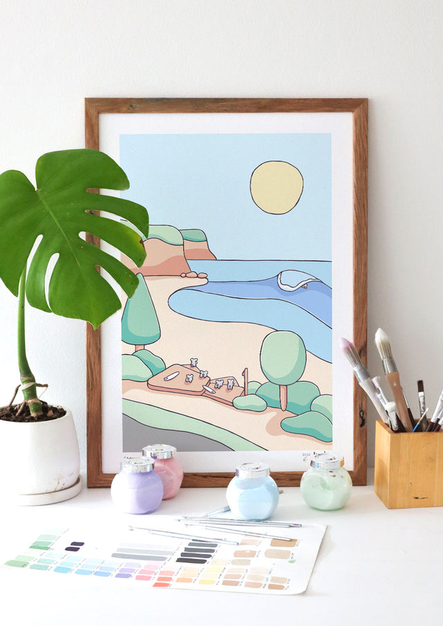 Newport Beach Wall Art Print with Surfing Koalas by Brentos